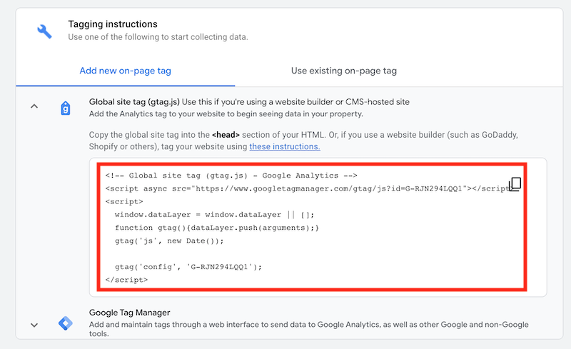Google Analytics tracking code screenshot
